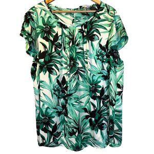 Kasper Green Tropical Floral Palm Leaf Print Blouse 3X Office Mature‎ Career